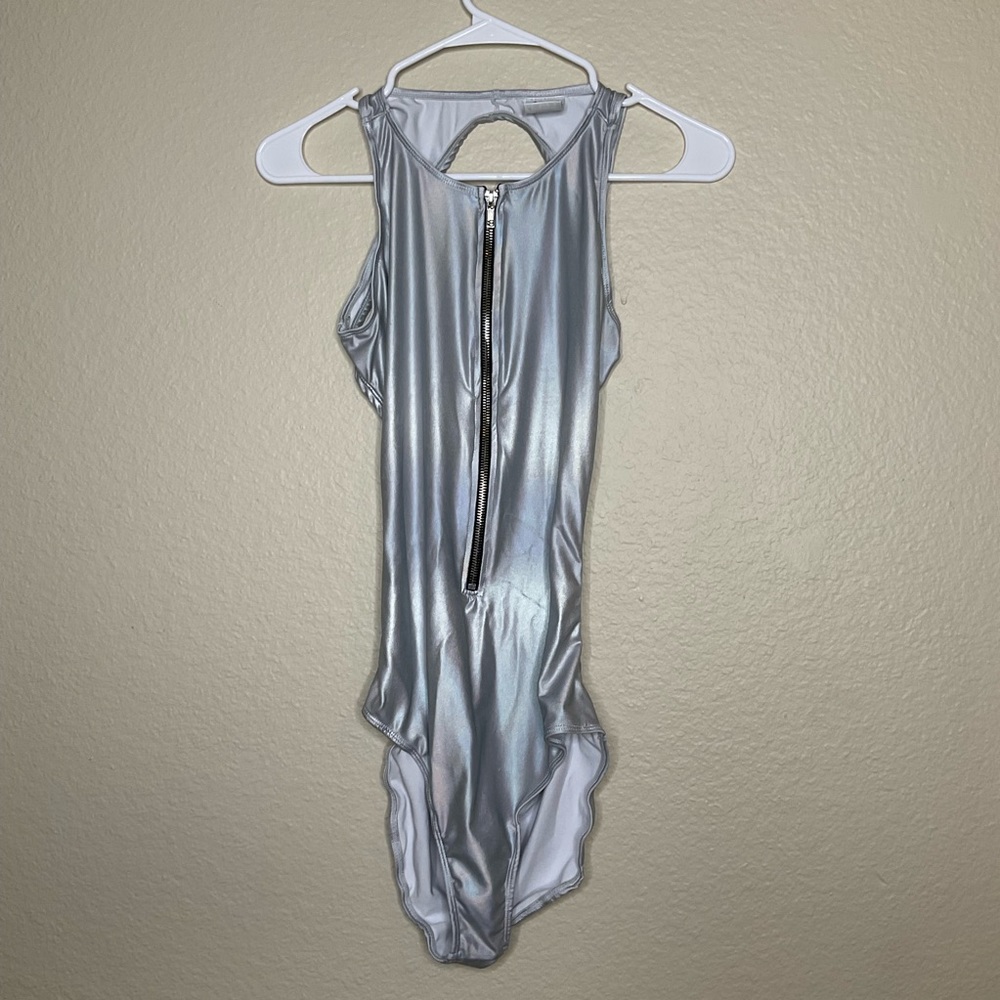 Spencers Silver Iridescent Zip-up Open Back One Piece Body Suit NWOT EDM Size S